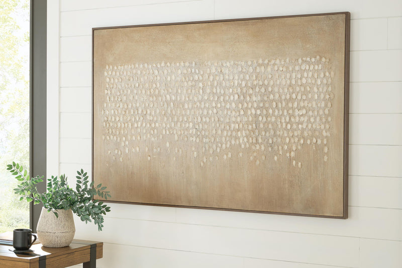 Framed beige and brown abstract wall art with textured dot grid, wall-mounted
