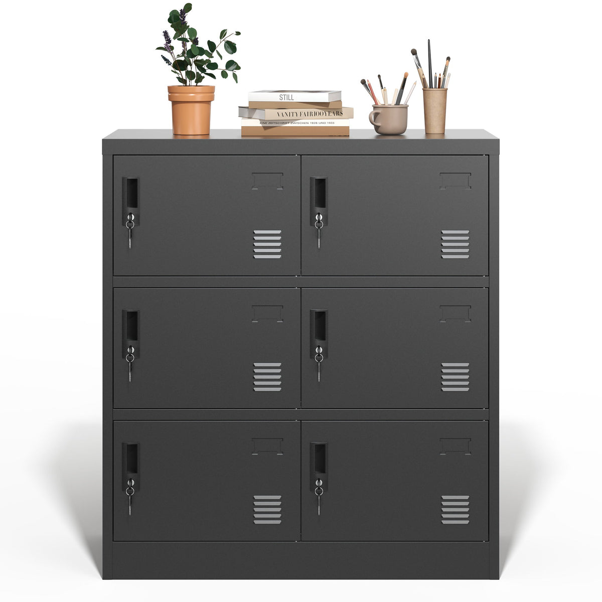 6 Door Employee Storage Locker, Lockers For Office, Gym, School, And Home With Card Slot - Black