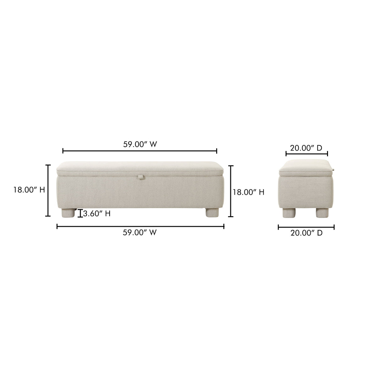 Light gray storage bench dimensions view, hinged lid and tapered legs