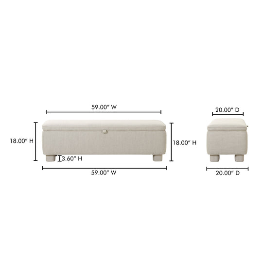 Light gray storage bench dimensions view, hinged lid and tapered legs