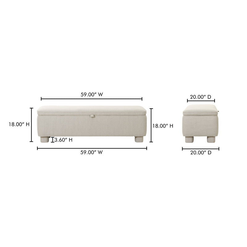 Light gray storage bench dimensions view, hinged lid and tapered legs