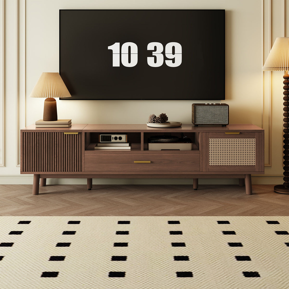 TV Stand For 75" TVs With Soft Closing Doors, Console With Accents And Drop Down Cabinet - Dark Brown