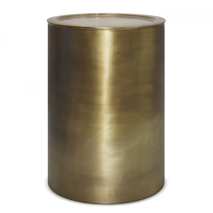 Gold metal cylindrical side table with open top, drum shape.