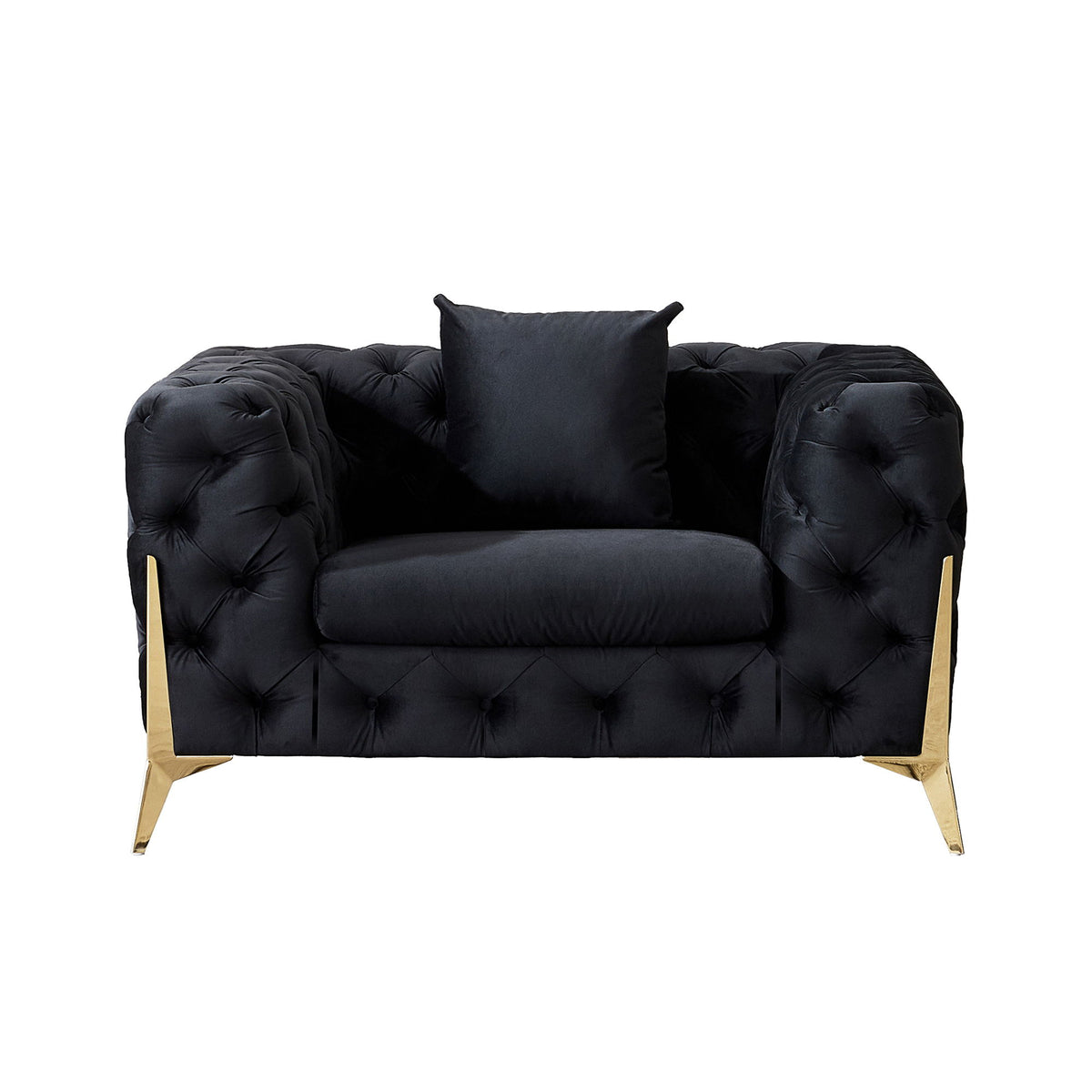 Black diamond-tufted accent chair with matching throw pillow and gold legs