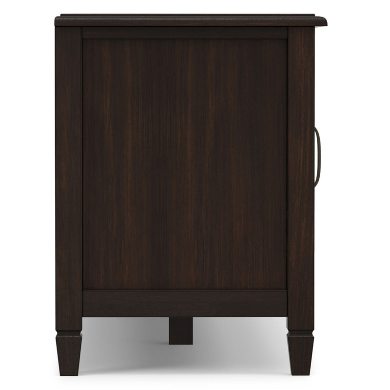 Dark brown TV stand side panel with tapered legs and recessed door