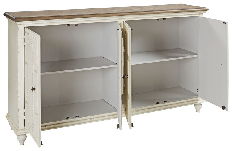 Antique white accent cabinet with open doors and adjustable interior shelves