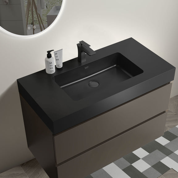 Wall-mounted floating bathroom vanity with black sink and faucet