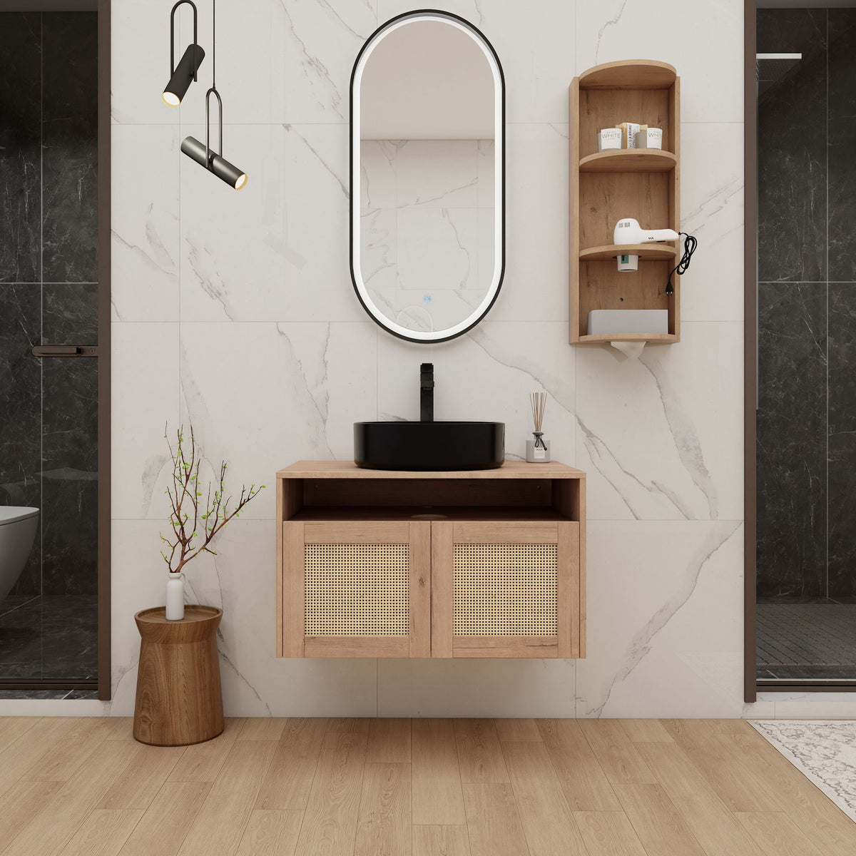 Wall-mounted bathroom vanity with single oval sink, light oak cabinet and side storage shelves