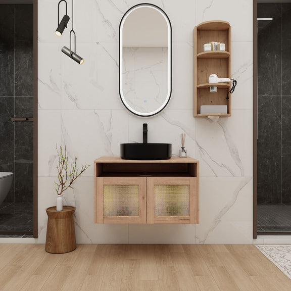 Wall-mounted bathroom vanity with single oval sink, light oak cabinet and side storage shelves