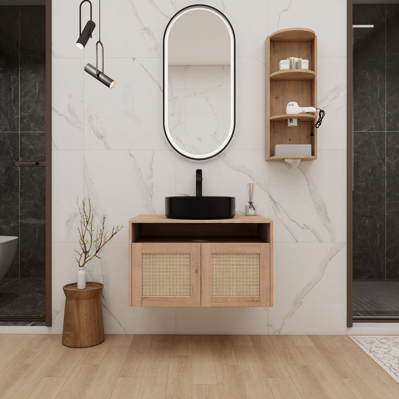 Wall-mounted bathroom vanity with single oval sink, light oak cabinet and side storage shelves