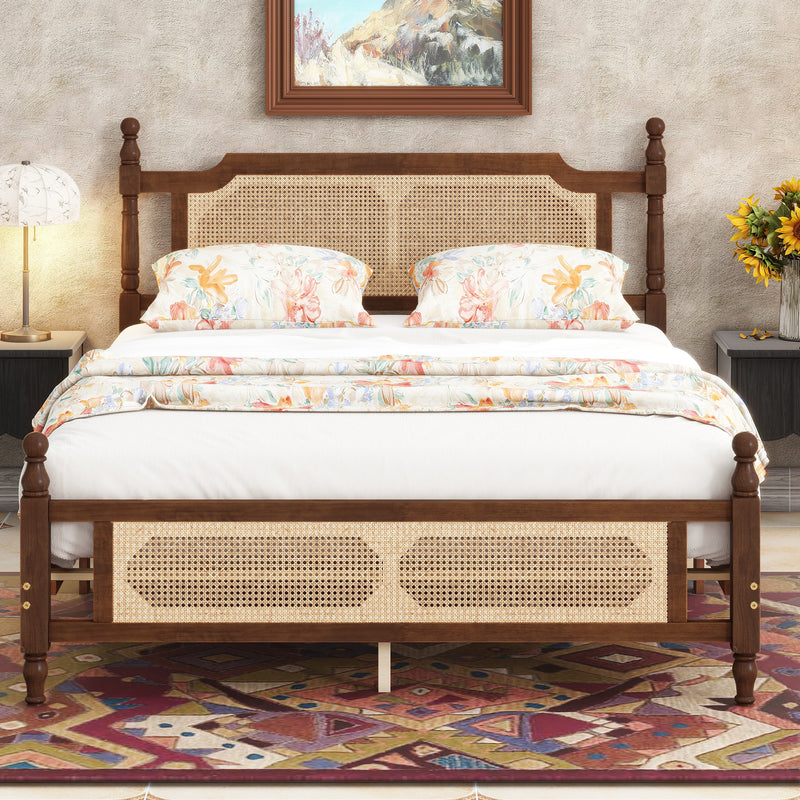 Queen Pine wooden Bed with Rattan Headboard and Footboard, with Central Enhanced Bed Platform, Walnut, Coastal