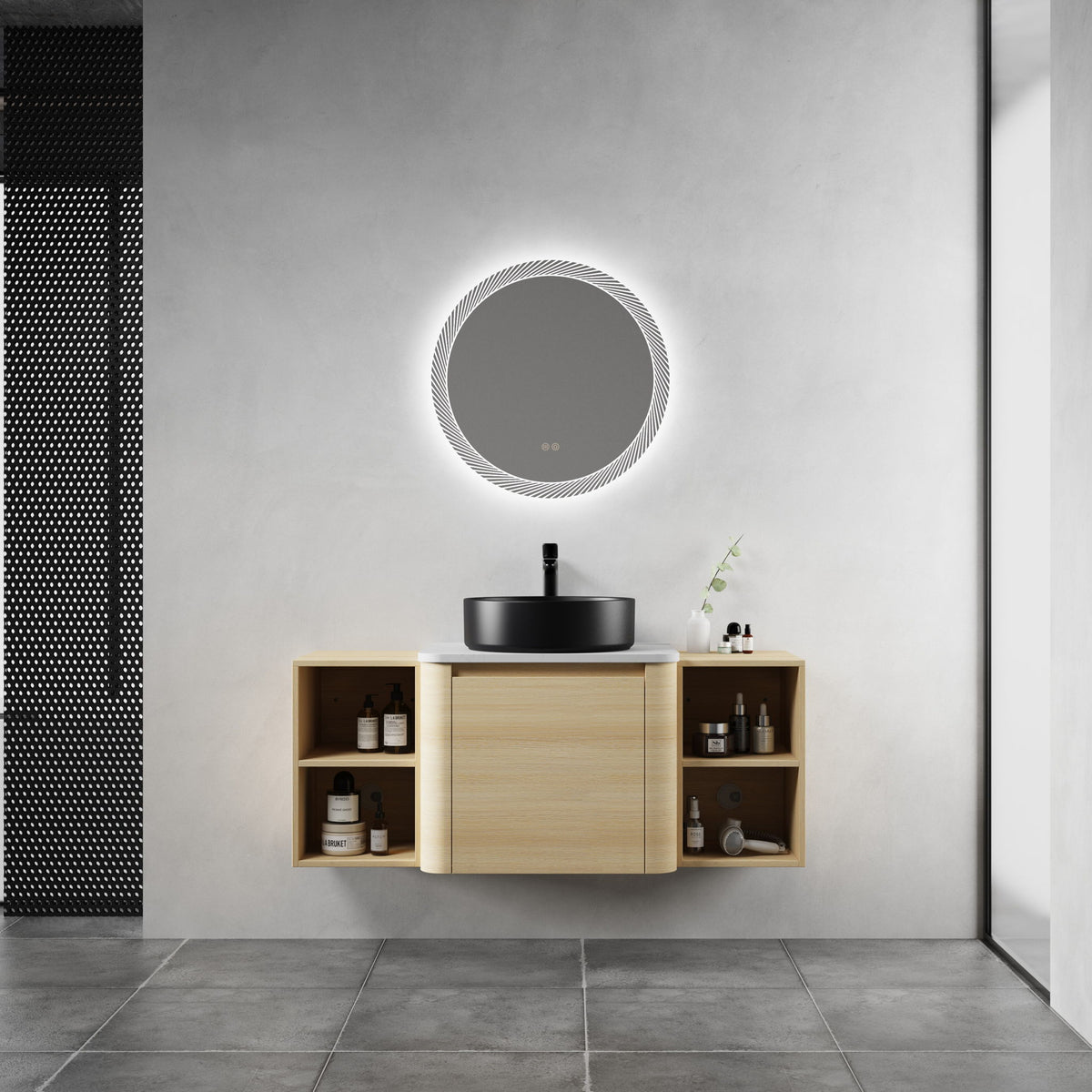 Wall-mounted bathroom vanity with black round art sink and two open side storage shelves