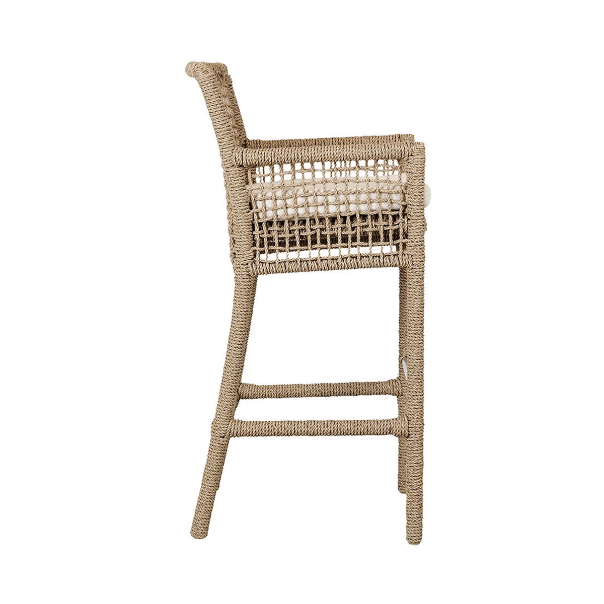 Natural woven bar stool with open back weave and white seat cushion