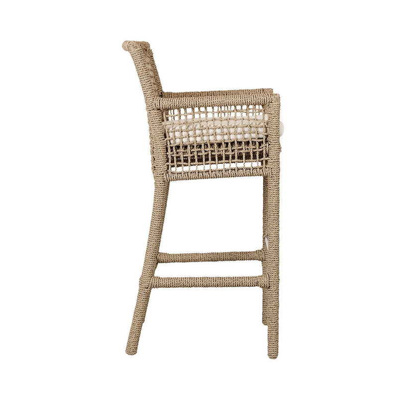 Natural woven bar stool with open back weave and white seat cushion