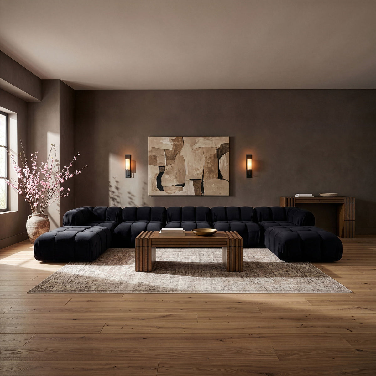 7-piece modular sectional sofa in black with corner chaise and ottoman modules