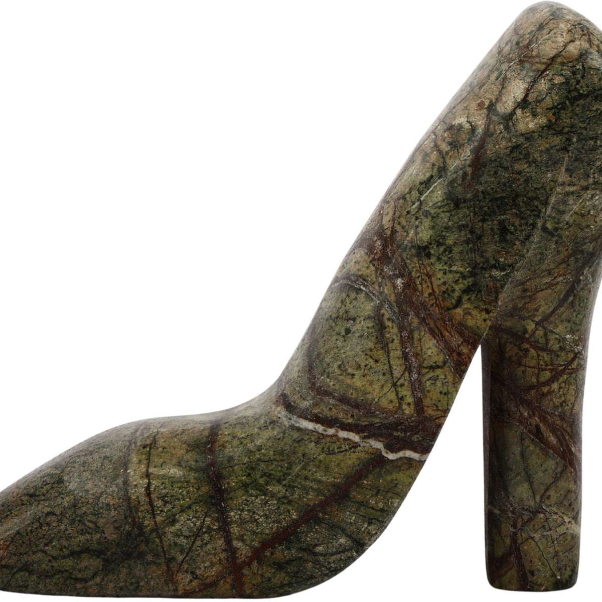 Green and brown marbled marble high-heel shoe tabletop object with tall block heel