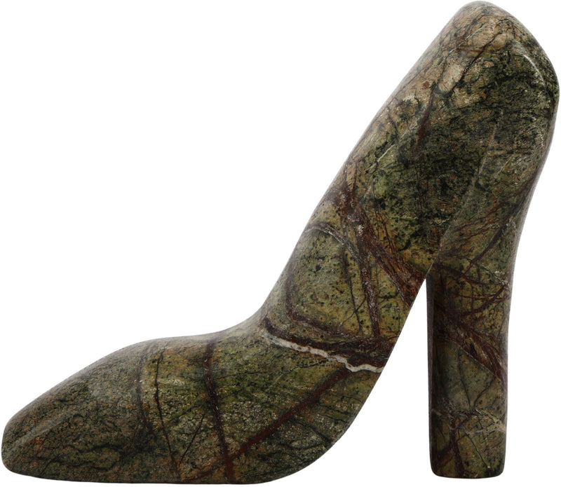 Green and brown marbled marble high-heel shoe tabletop object with tall block heel