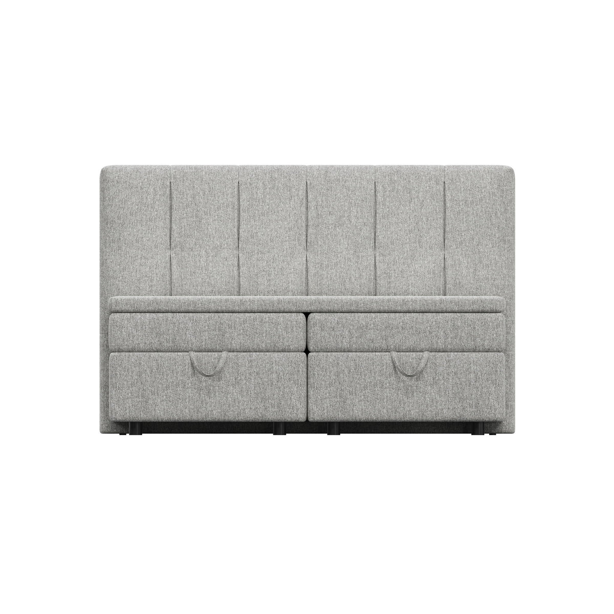 Light gray upholstered bed with split-front storage drawers and tall tufted headboard