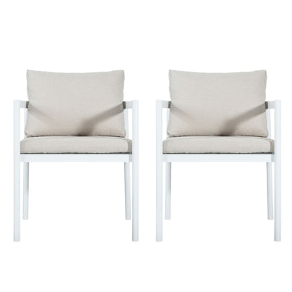 Set of 2 white outdoor dining chairs with beige seat and back cushions