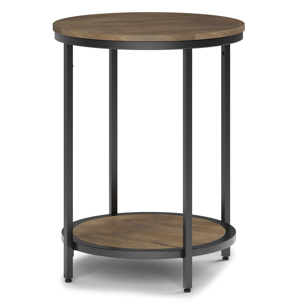 Handcrafted round side table with bottom shelf, dark wood top and lower shelf, black metal frame
