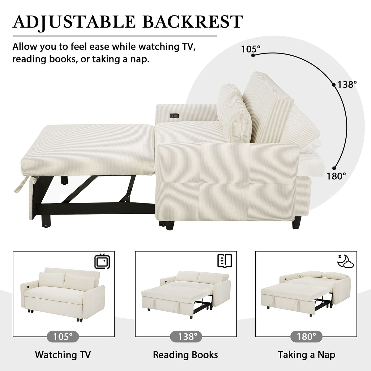 Pull-Out 2 Seat Modern Sleeper Sofa With 2 Throw Pillows And USB Ports