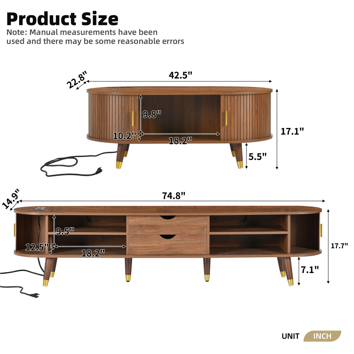 Wood TV stand and round coffee table set shown with size dimensions and charging cable