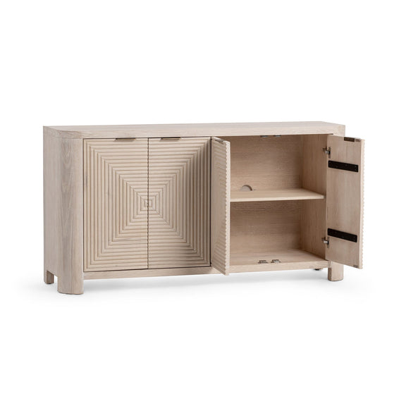 Vanilla wood cabinet with geometric front; open doors reveal interior shelves