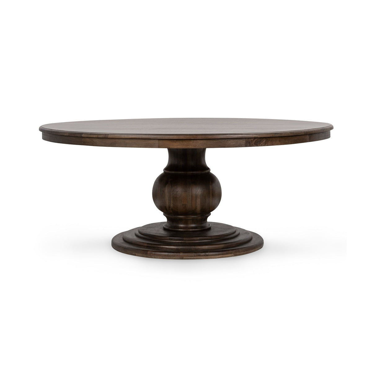 Dark brown round dining table with turn-wood pedestal base and smooth tabletop