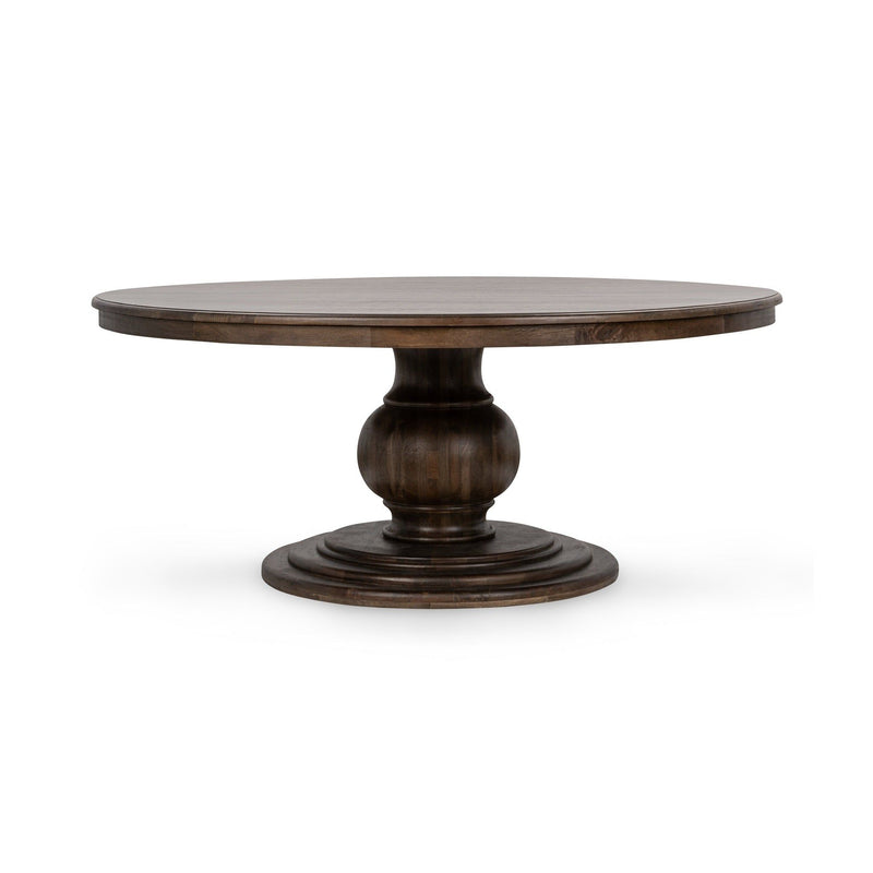 Dark brown round dining table with turn-wood pedestal base and smooth tabletop