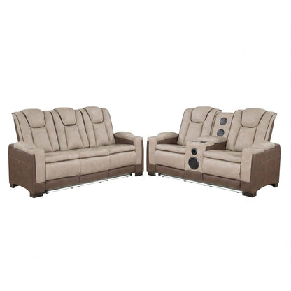 Light brown power reclining sofa set with two matching seats and LED-lit base.