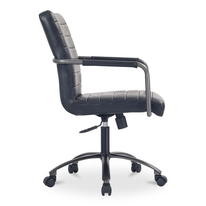 Black leather office chair, side view with padded seat, chrome armrests, and swivel casters