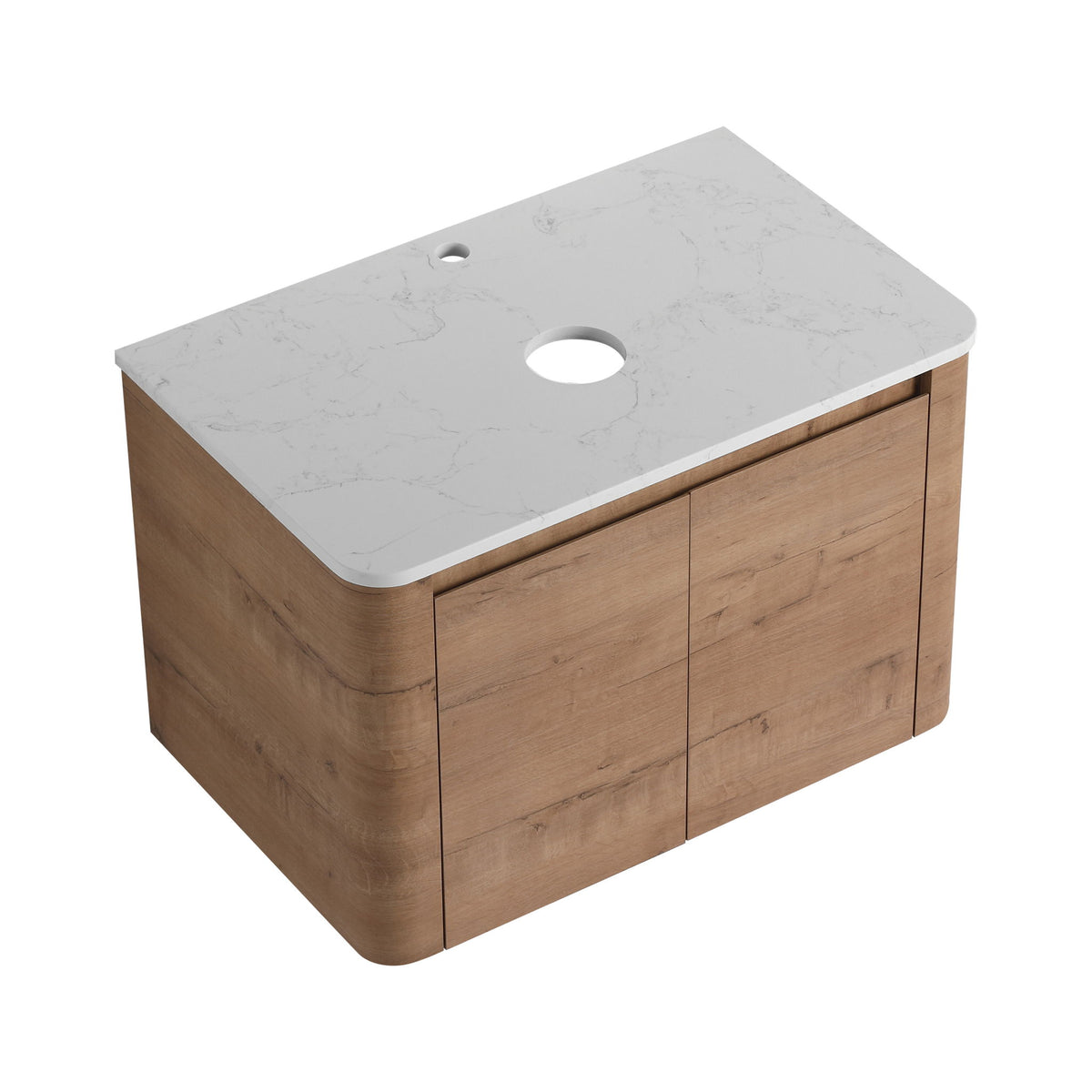 Dark wood vanity cabinet with white stone-look countertop and oval opening