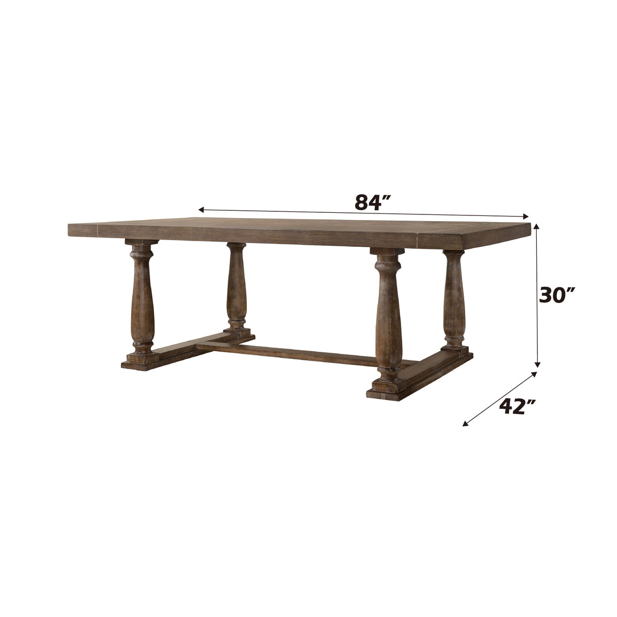 Dark brown rectangular dining table with four pedestal legs and apron