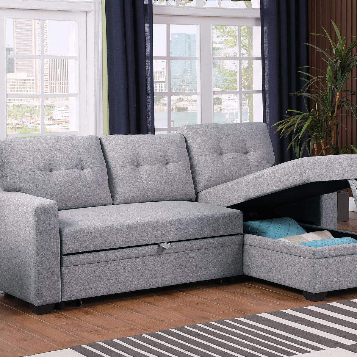 Upholstered Pull Out Sectional Sofa With Chaise