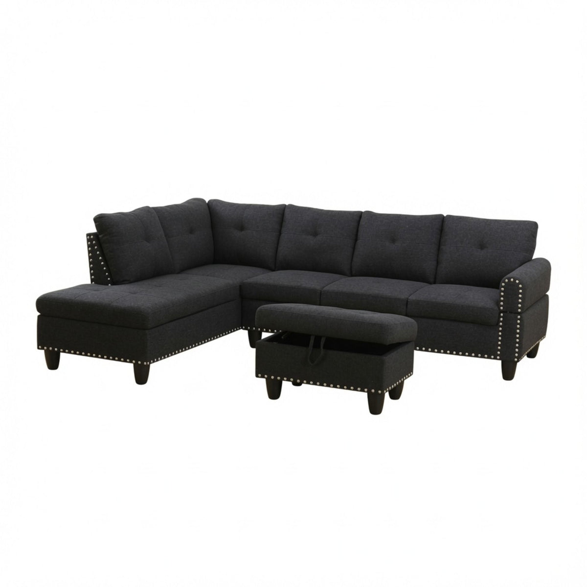 L - Shaped 3 Piece Sectional Sofa With Chaise, Storage Ottoman & Cup Holders