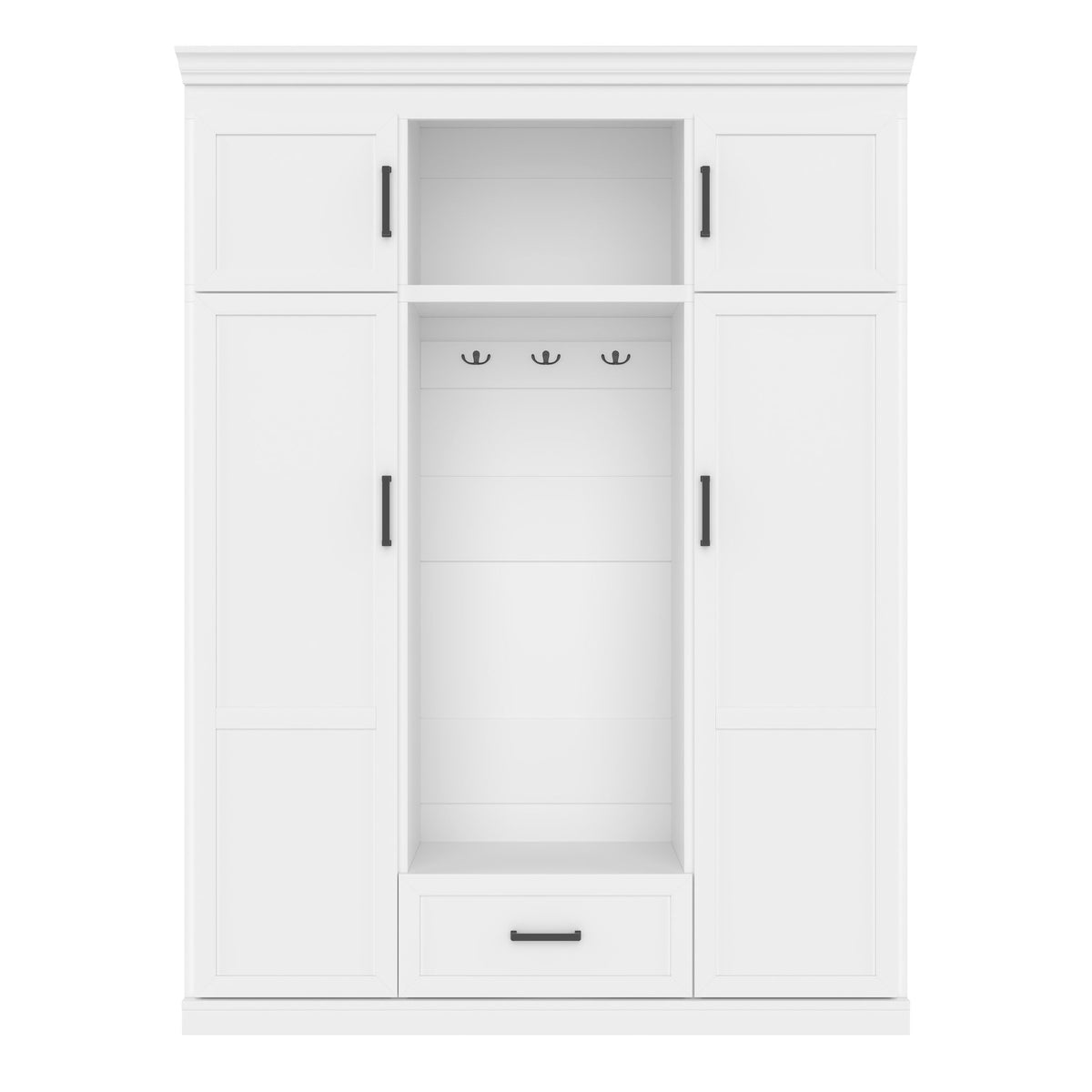 Hall Tree With Bench And 3 Hooks, Modern Entryway Storage Organizer Cabinet With 4 Doors, 1 Drawer And Adjustable Shelves