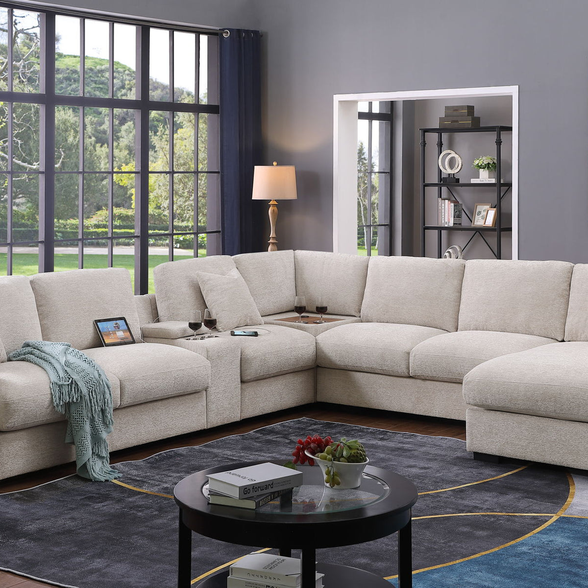 Celine - Chenille Fabric Corner Sectional Sofa With Right-Facing Chaise, Cupholders, And Charging Ports