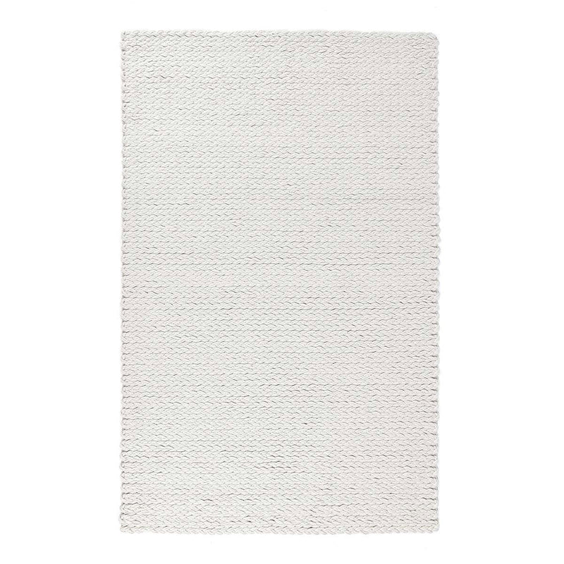 Ivory wool area rug with tight woven texture and short fringe detail