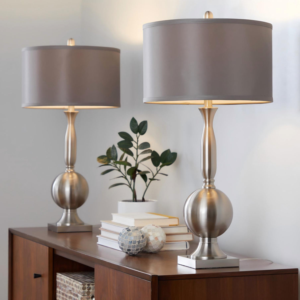 Set of 2 contemporary table lamps with gray satin drum shades, nickel bases