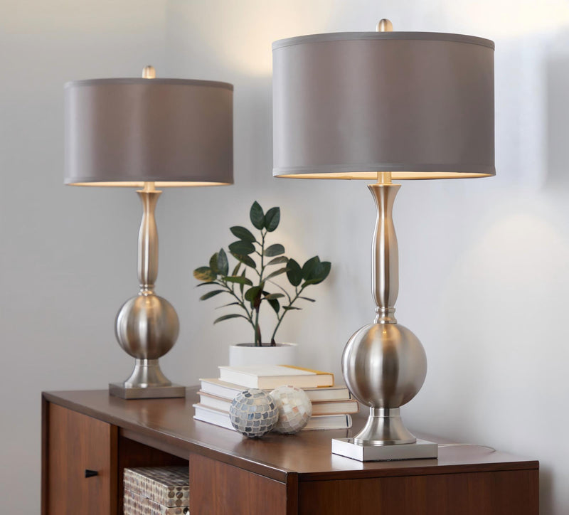 Set of 2 contemporary table lamps with gray satin drum shades, nickel bases