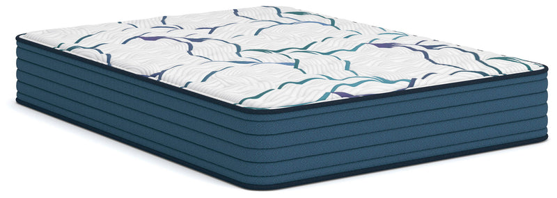 Firm 3.0 mattress with white top and blue wave pattern, dark teal side panels