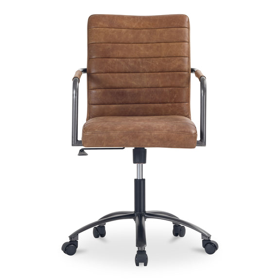 Brown leather office chair with stitched backrest, padded seat, swivel base with wheels