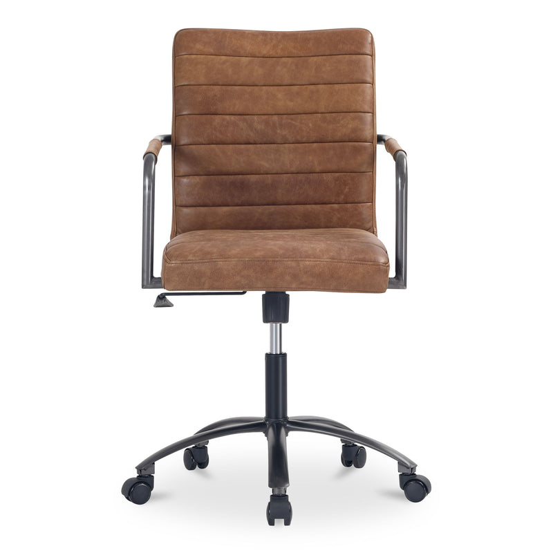 Brown leather office chair with stitched backrest, padded seat, swivel base with wheels