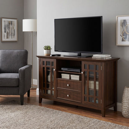 Dark brown tall TV media stand with glass-pane doors and two drawers