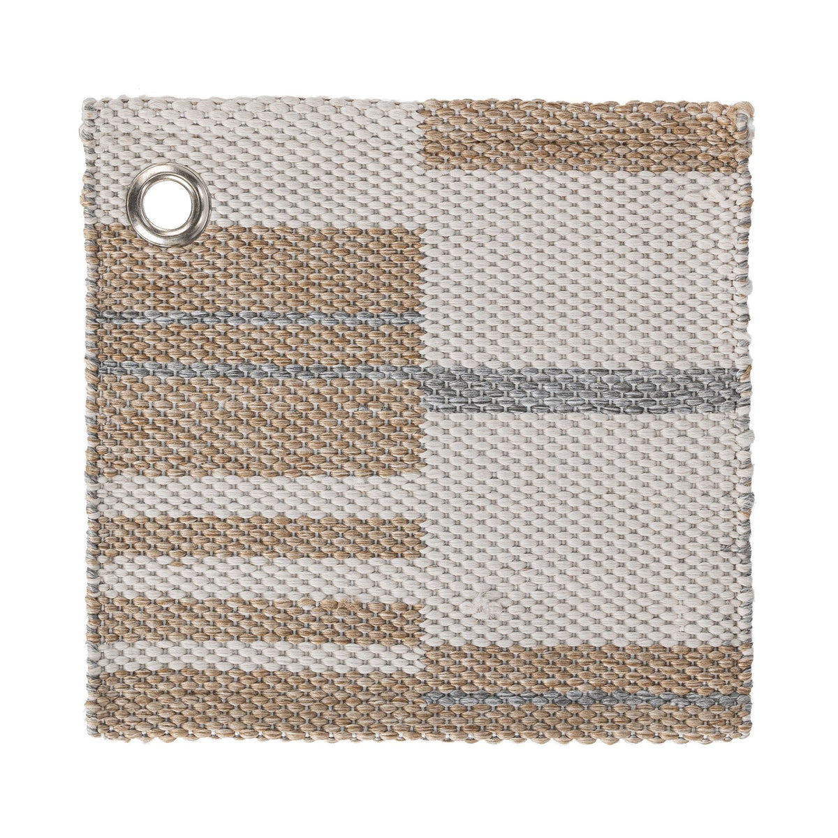 Indoor/outdoor woven rug with beige and tan stripes and a round metal grommet