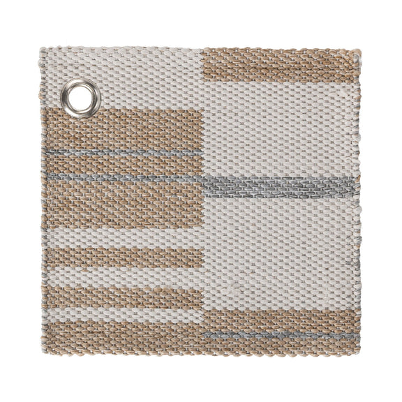 Indoor/outdoor woven rug with beige and tan stripes and a round metal grommet