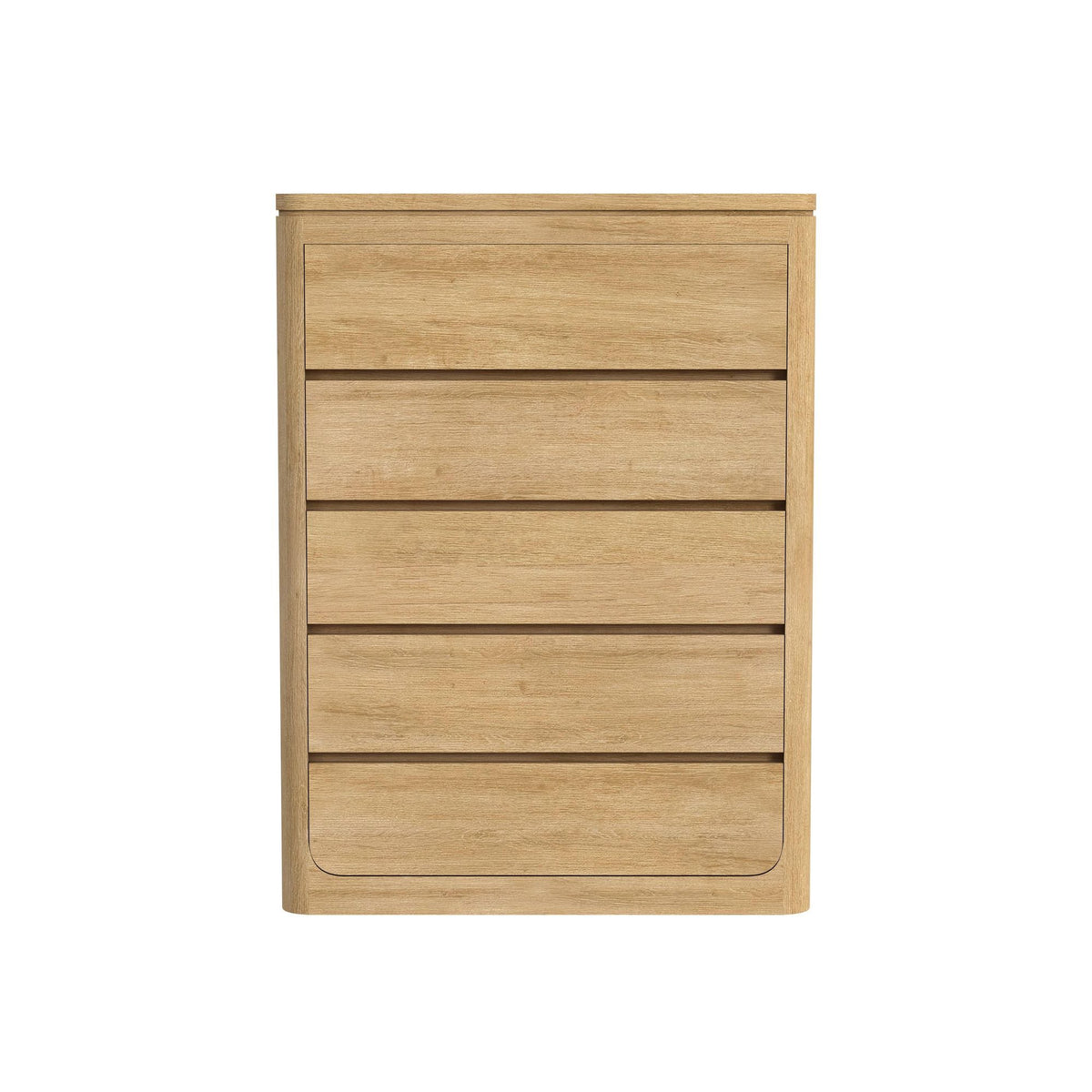 Rosalie accent chest in light brown, with four drawers and a rounded lower panel.