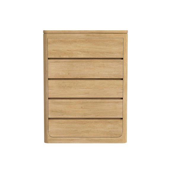 Rosalie accent chest in light brown, with four drawers and a rounded lower panel.