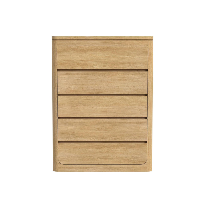 Rosalie accent chest in light brown, with four drawers and a rounded lower panel.