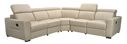 Light beige sectional sofa with manual recliners; corner and chaise sections